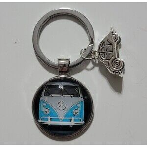 Volkswagen VAN SAMBA Vintage Hippie Peace Sign Bus Beetle Bug Keychain Blue